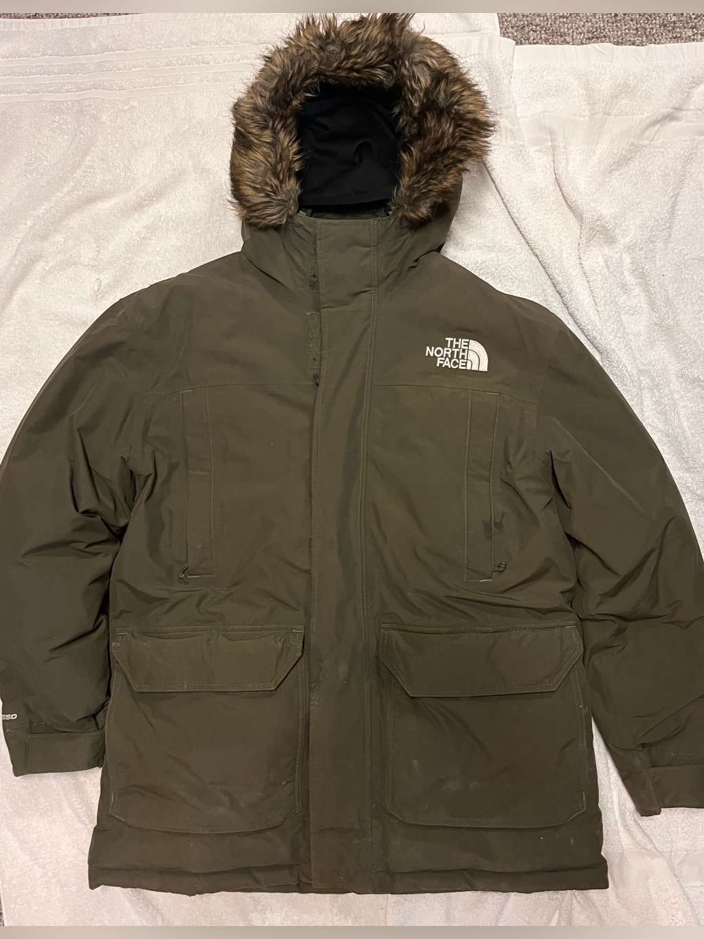 North Face Men's Olive Green Mcmurdo Parka With Faux Fur Hood